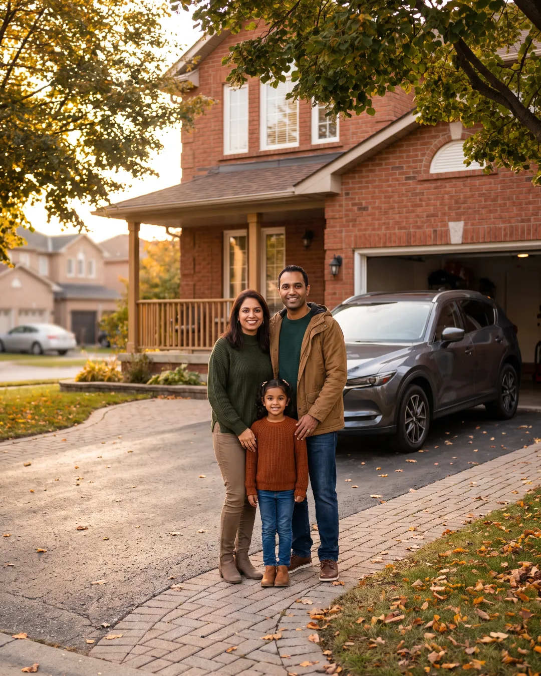 A family standing in their driveway in front of their home and car